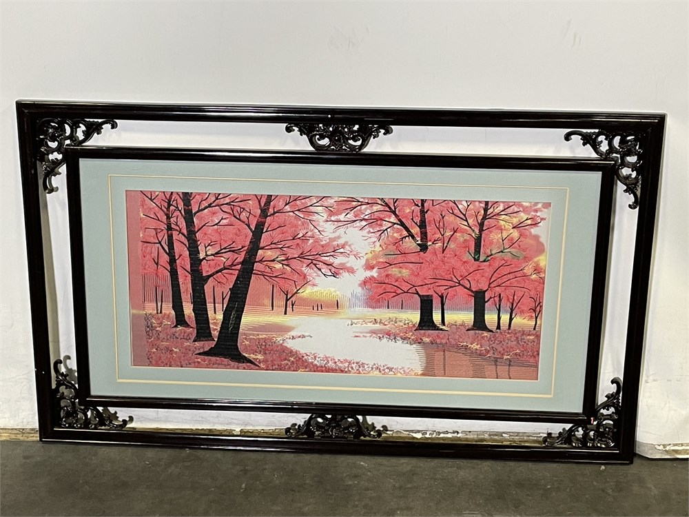 Appears to be a Suzhou silk embroidery landscape. Artwork depicts a vibrant red maple forest next to a stream