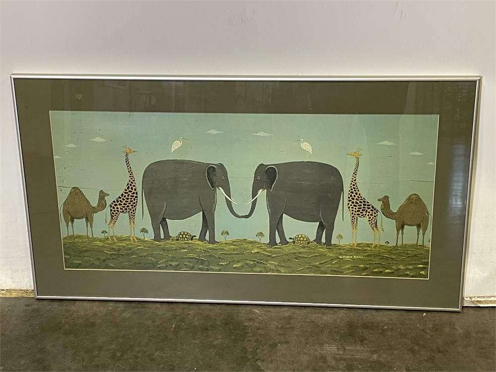 Landscape painting print of mirroring animals in a line facing each other